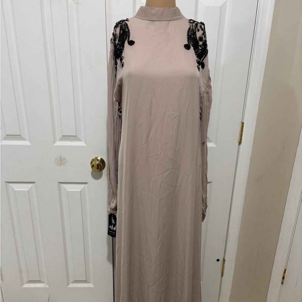 Tan Sleeveless Gown with Mock Neck for Wedding Guests